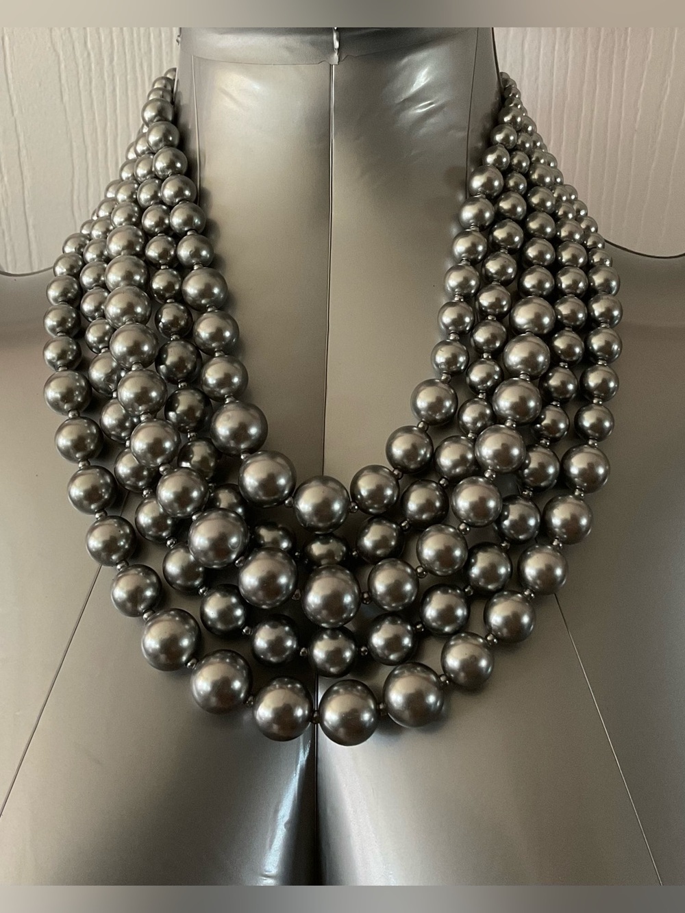 Gray Simulated Pearl Multi-Strand Bib Statement Necklace Silver Tone, 21 in